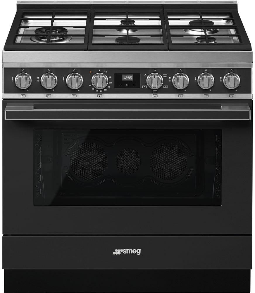 Smeg Portofino Pro-Style 36" Matte Black Slide-In Natural Gas Sealed Burner Range - Convection