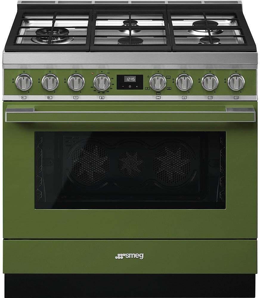 Smeg Portofino Pro-Style 36" Olive Green Slide-In Natural Gas Sealed Burner Range - Convection