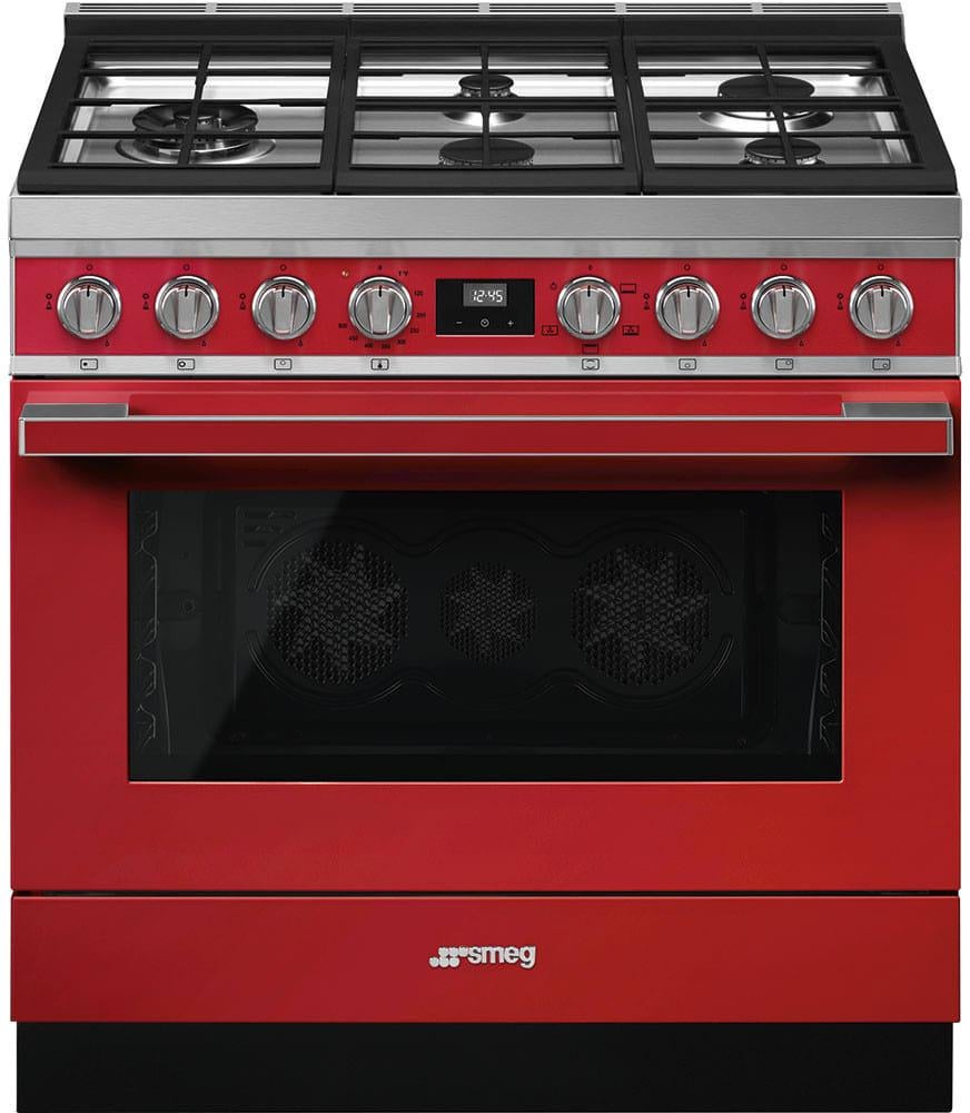 Smeg Portofino Pro-Style 36" Red Slide-In Natural Gas Sealed Burner Range - Convection