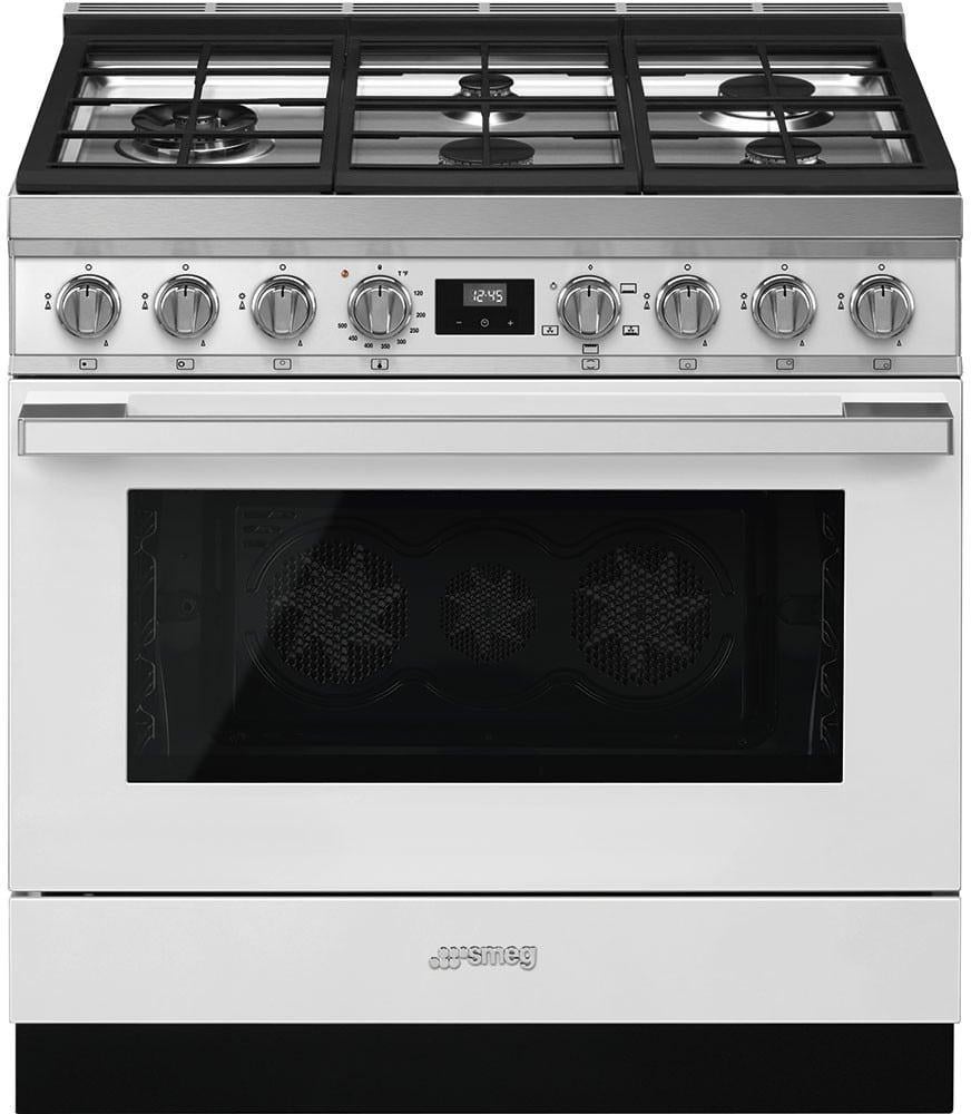 Smeg Portofino Pro-Style 36" White Slide-In Natural Gas Sealed Burner Range - Convection