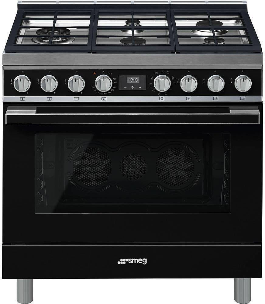 Smeg Portofino Pro Style 36" Black Dual Fuel (Gas) Slide-In Sealed Burner Range - Convection