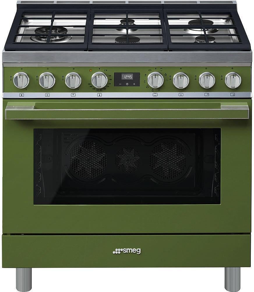 Smeg Portofino Pro Style 36" Olive Green Dual Fuel (Gas) Slide-In Sealed Burner Range - Convection