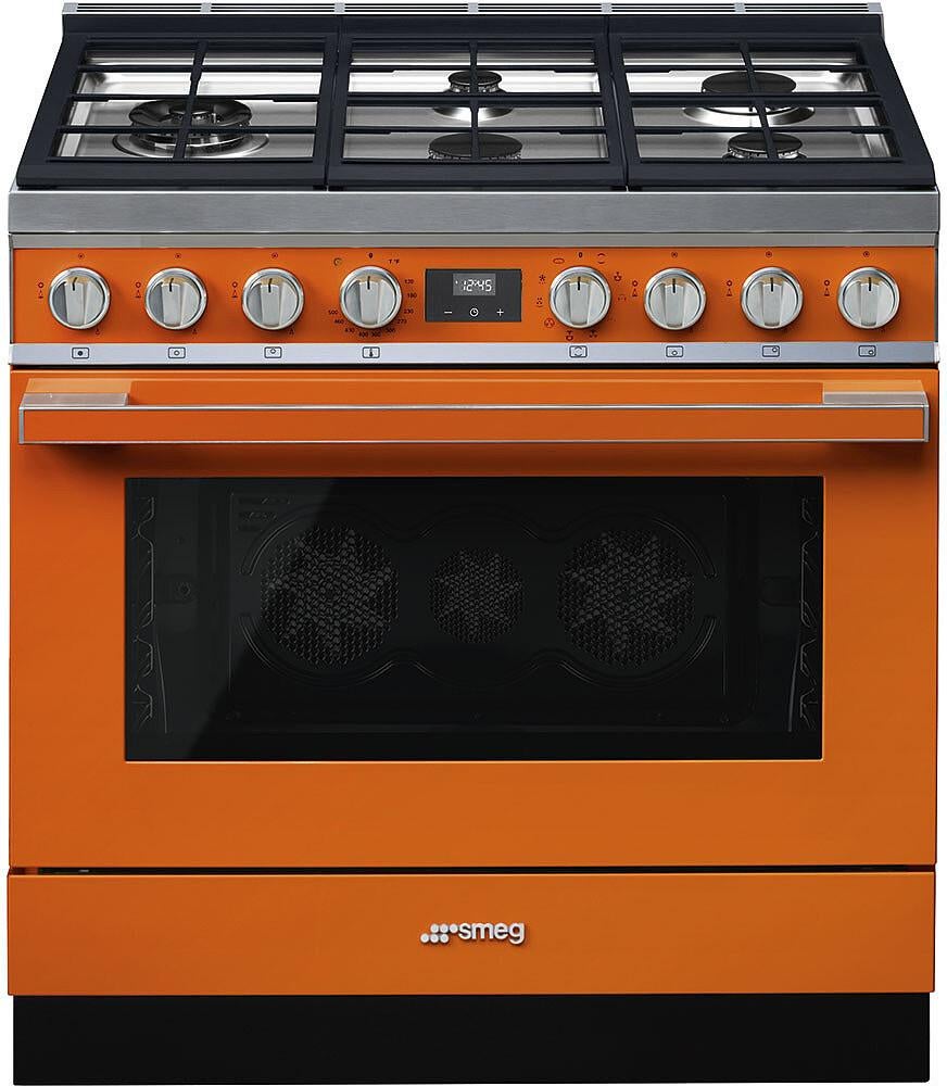 Smeg Portofino Pro Style 36" Orange Dual Fuel (Gas) Slide-In Sealed Burner Range - Convection