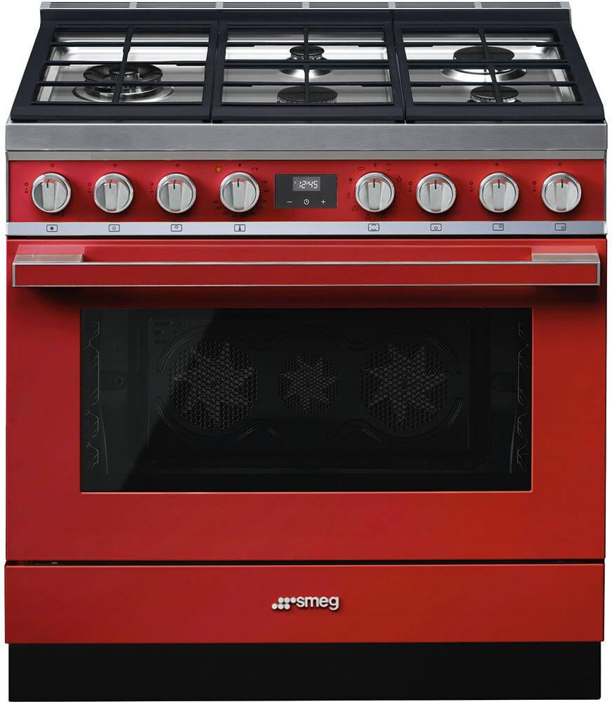 Smeg Portofino Pro Style 36" Red Dual Fuel (Gas) Slide-In Sealed Burner Range - Convection