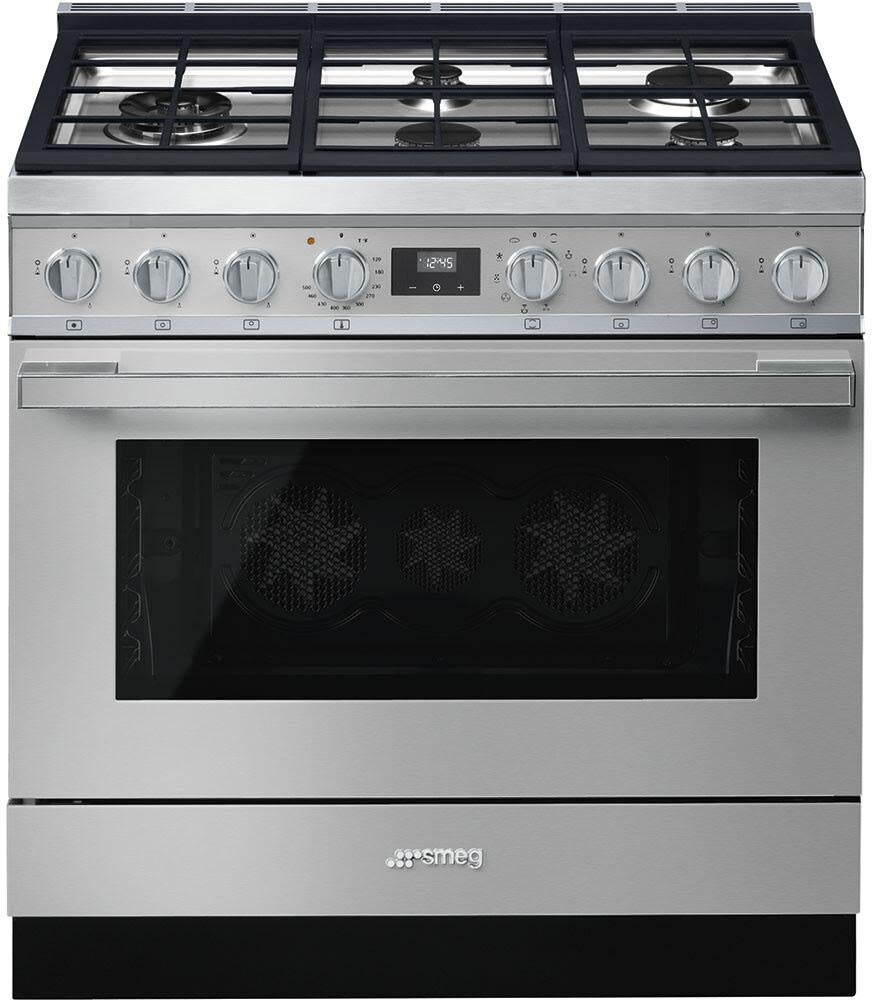 Smeg Portofino Pro Style 36" Stainless Steel Dual Fuel (Gas) Slide-In Sealed Burner Range - Convection
