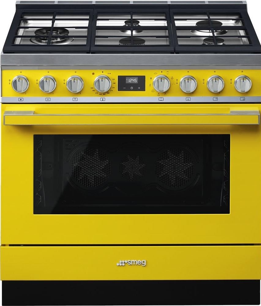 Smeg Portofino Pro Style 36" Yellow Dual Fuel (Gas) Slide-In Sealed Burner Range - Convection