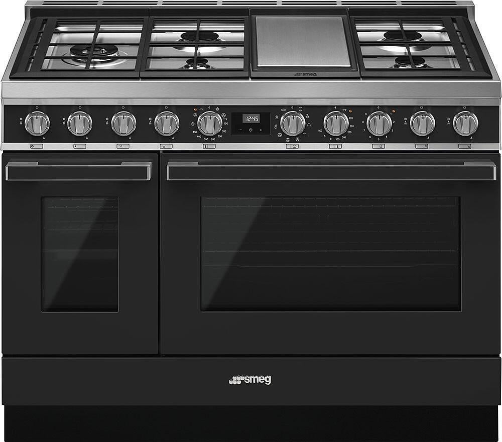 Smeg Portofino Pro-Style 48" Matte Black Slide-In Dual Fuel (Natural Gas) Sealed Burner Double Oven Range with Griddle - Convection