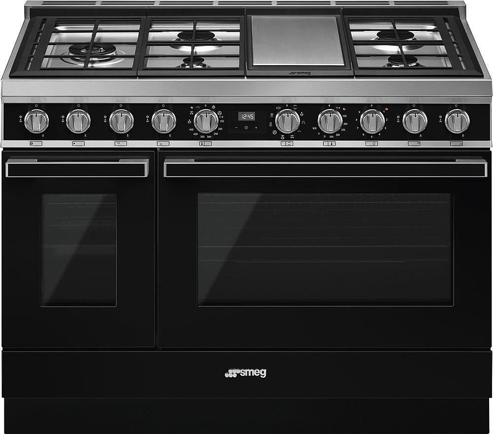 Smeg Portofino Pro-Style 48" Black Slide-In Dual Fuel (Natural Gas) Sealed Burner Double Oven Range with Griddle - Convection