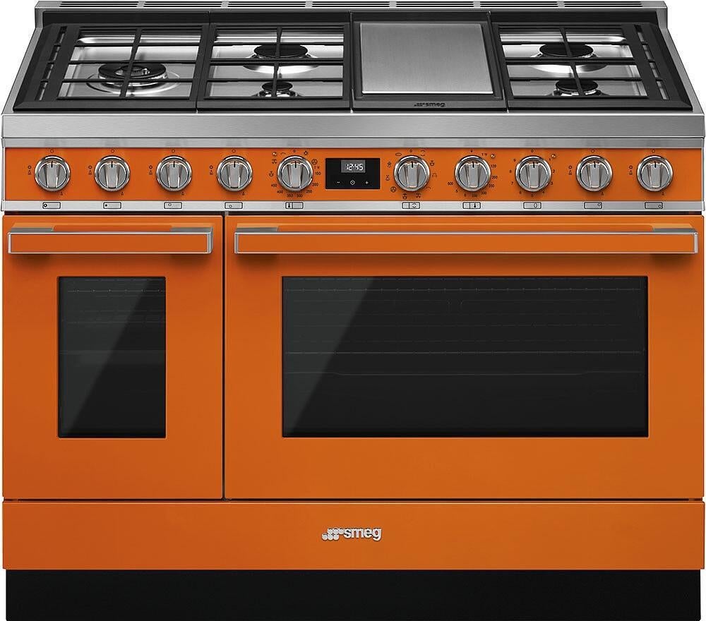Smeg Portofino Pro-Style 48" Orange Slide-In Dual Fuel (Natural Gas) Sealed Burner Double Oven Range with Griddle - Convection