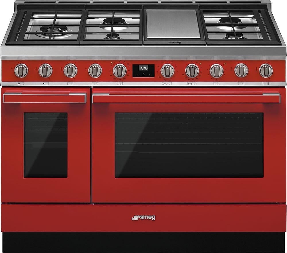 Smeg Portofino Pro-Style 48" Red Slide-In Dual Fuel (Natural Gas) Sealed Burner Double Oven Range with Griddle - Convection