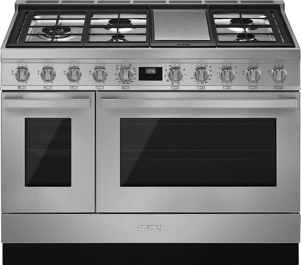 Smeg Portofino Pro-Style 48" Stainless Steel Slide-In Dual Fuel (Natural Gas) Sealed Burner Double Oven Range with Griddle - Convection