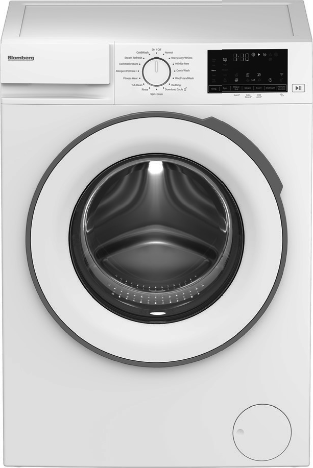 Blomberg 24 Inch Compact Front Load Washer with 2.3 cu ft Capacity, 1,400 RPM Speed, 14 Wash Cycles, Steam Option, Quick Wash, Wifi Enabled and Energy Star Certified: White
