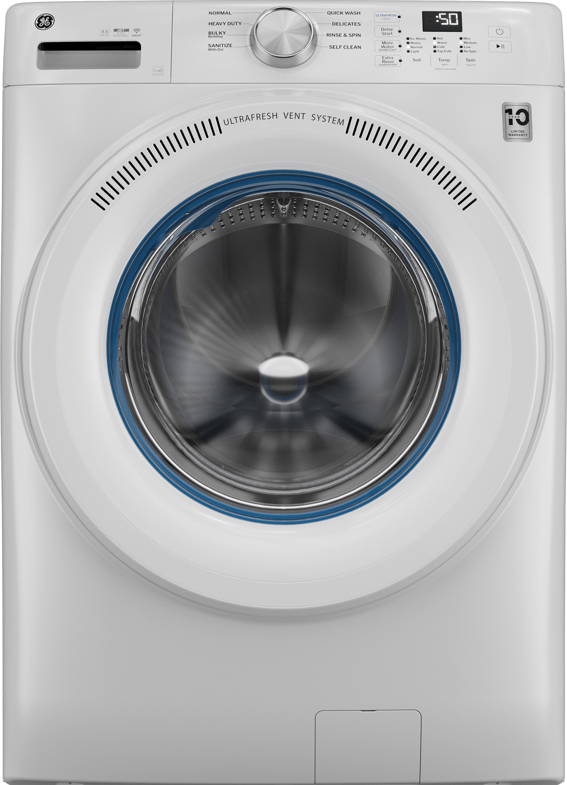 GE 4.6 cu. ft. Capacity Smart Front Load Energy Star Washer with UltraFresh Vent System: