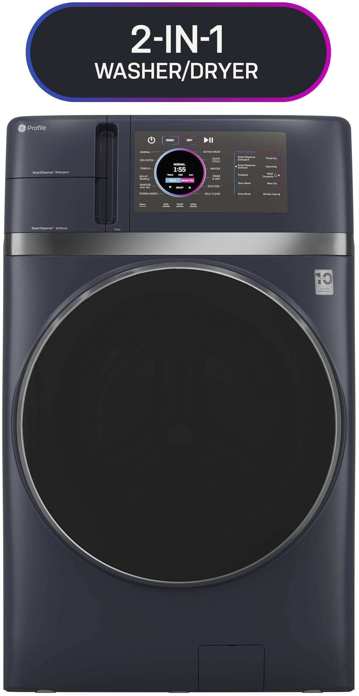GE 28 Inch Smart Front Load Washer/Dryer Combo with 4.8 cu.ft. Capacity, 12 Wash Cycles, 14 Dryer Cycles, Ventless Heat Pump Dryer, EZ Access Lint Filter, SmartDispense™ Technology, Dynamic Balancing Technology, Eco Cool™ Cycle, ADA Compliant, and ENERGY STAR® Qualified (Works with Standard 120v Outlet): Royal Sapphire