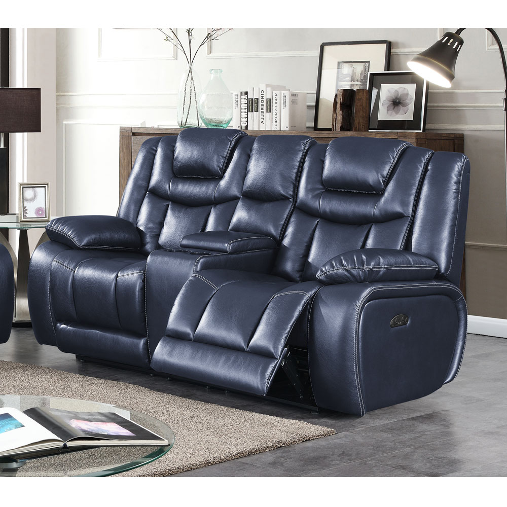 Apex Leather Power Reclining Loveseat with Storage Console and Power Headrests - Navy Blue