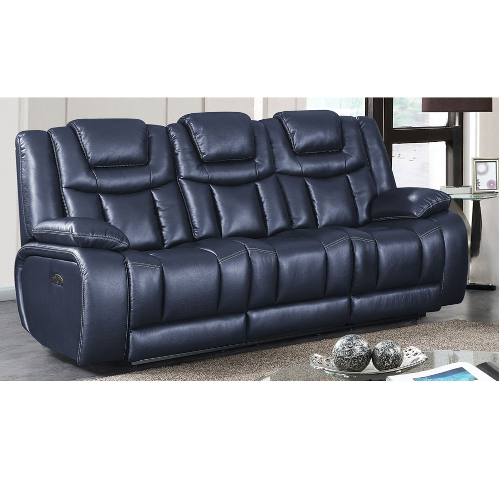 Apex Leather Power Reclining Sofa with Drop Down Table and Power Headrests - Navy Blue