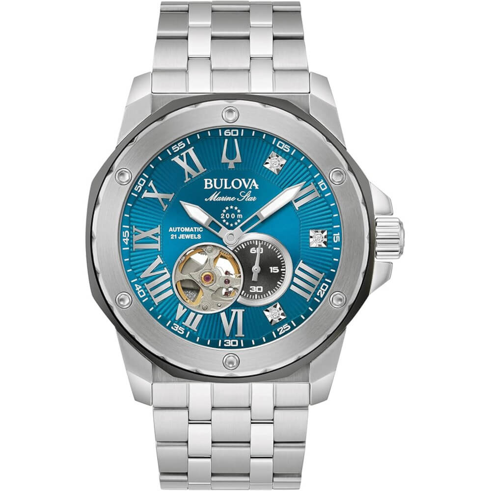 Bulova Marc Anthony Marine Star Automatic Silver-Tone with Blue Sunray Dial and Diamond Accent Watch